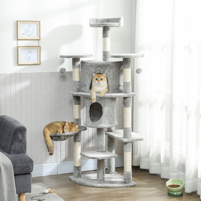PawHut Cat Tree, 62\" Multi-Level Cat Tower with Scratching Posts, 2 Condos, Hammock, Perches, Plush, Pompoms, for Indoor Kittens Playing, Resting, Sleeping, Light Grey