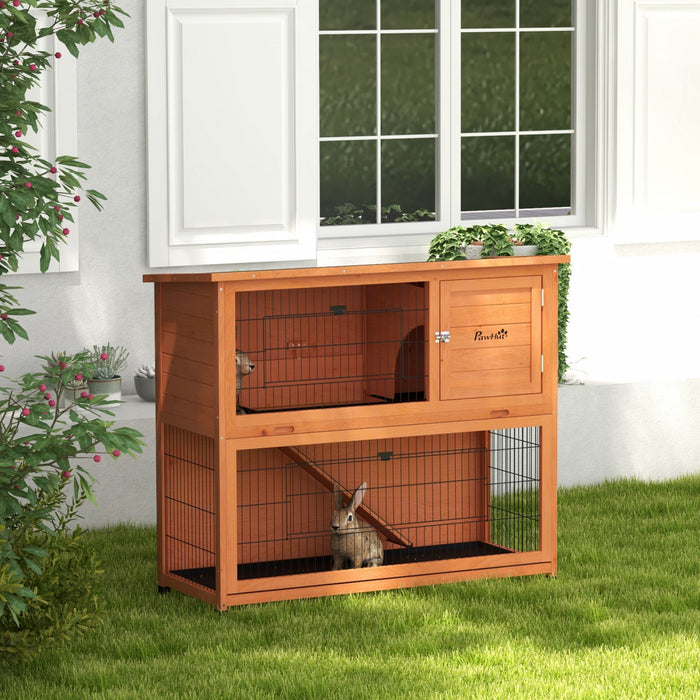 Pawhut Wooden Rabbit Hutch, 2 Tier Outdoor Rabbit Cage With Trays, Ramp, Asphalt Roof, Doors For 1-2 Rabbits, 47\" X 20\" X 40\", Orange