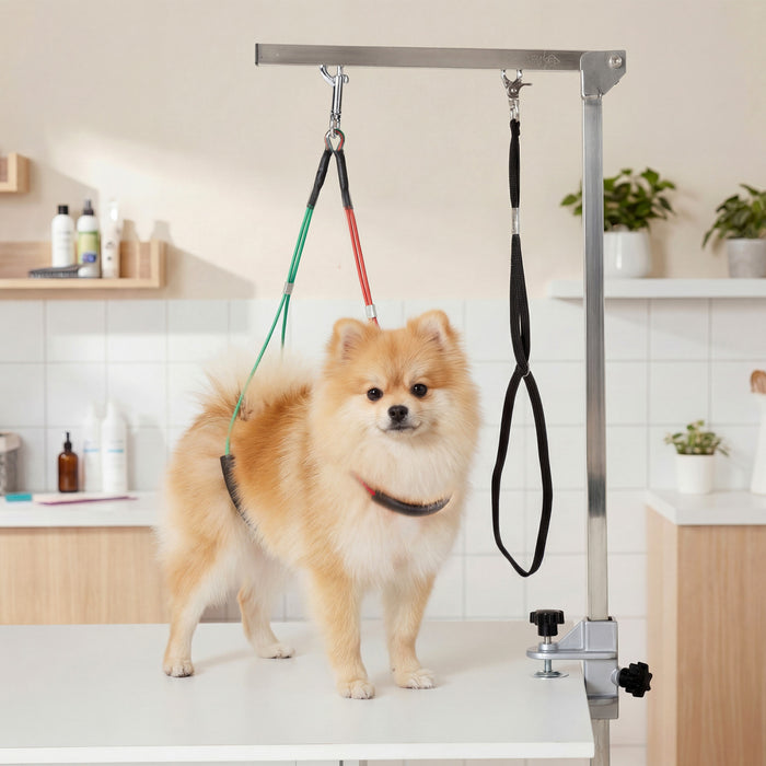 PawHut Dog Grooming Arm with Clamp and 3 Loops, 36 Inch Stainless Steel Foldable No Sit Haunch Holder, Fully Adjustable Height and Reach for Small and Medium Dogs, Silver