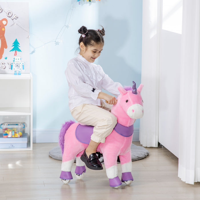 Qaba Ride On Unicorn Walking Horse Mechanical Pony Toy With Wheels Gift For 3-6 Years Girls Boys Pink