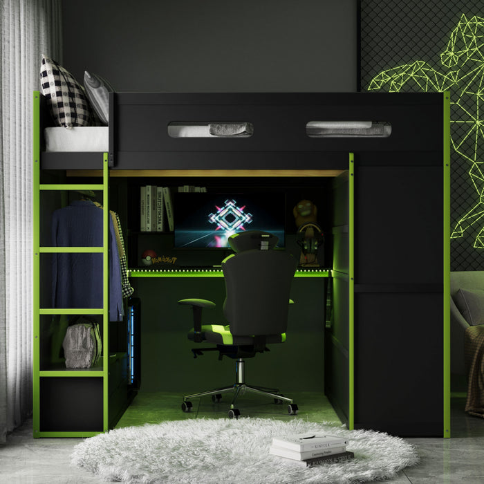 Jerry Wood Loft Bed with Desk and Storage,Full Size,Green Full Bed