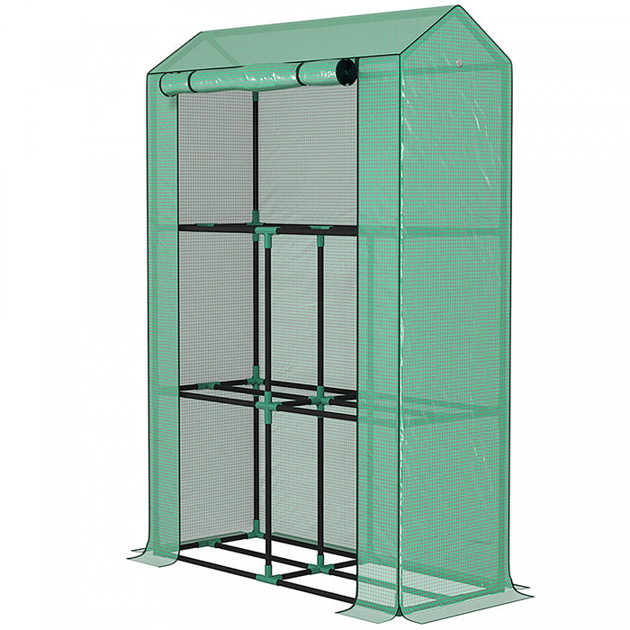 Outsunny Mini Greenhouse With 3 Tier Shelves, Roll-up Door, Green
