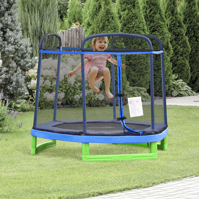 Outsunny 84.75\" Kids Trampoline 7 Ft Indoor Outdoor Trampolines With Safety Net Enclosure Built-in Zipper Padded Covering, For Boys And Girls, Blue