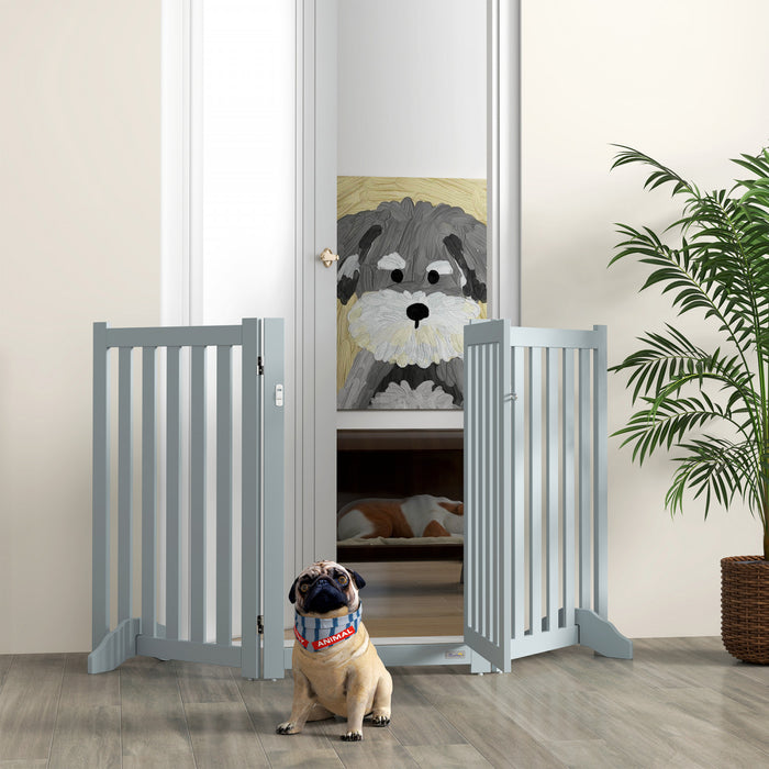 Pawhut Foldable Dog Gate With Door, 3 Panels Freestanding Pet Gate With Support Feet Indoor Playpen For Medium Dogs And Below, Grey
