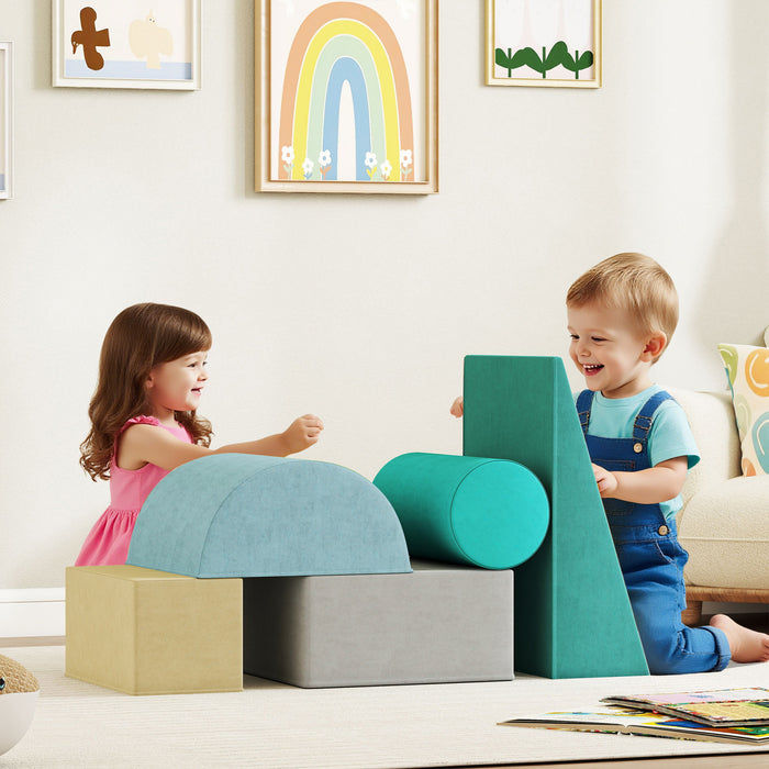 Qaba Climbing Toys For Toddlers, 5-piece Soft Foam Climbing Blocks Set With Removable Cover, Indoor Activity Play Set For Crawling, Sliding And Playing, Blue/green