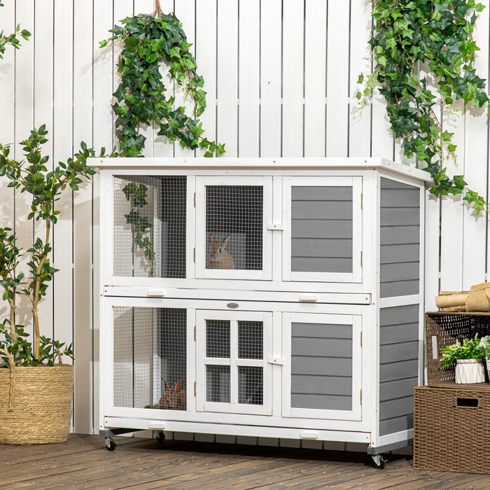 Pawhut Wooden Rabbit Hutch, 2 Tier Bunny Cage With Wheels, Waterproof Roof, Removable Tray, Guinea Pig Cage For Outdoor & Indoor, Dark Grey