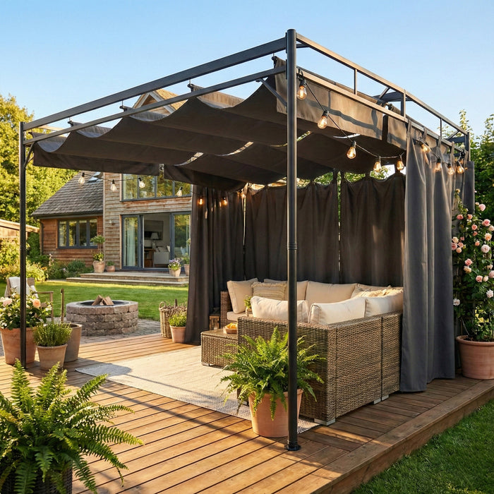 Outsunny 10' x 10' Retractable Pergola Canopy, Outdoor Pergola with Curtain
