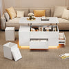 Flexi 39.3 Inch 4-in-1 Lift-Top Coffee Table with LED Lights, Dual Drawers and Storage Ottomans, White | Flexi Table Basse 4-en-1 Relevable 39.3 po avec Lumieres LED, Double Tiroirs et Ottomans de Rangement, Blanc