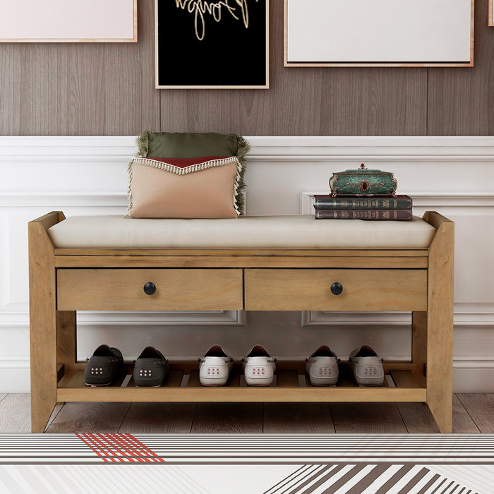 Stephanie Pine Wood Shoe Rack Bench With Cushioned Seat With Storage Drawers - Old Pine