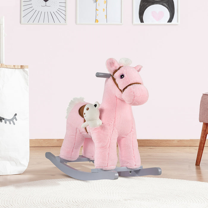Qaba Kids Plush Ride-on Rocking Horse With Bear Toy, Children Chair With Soft Plush Toy & Fun Realistic Sounds, Pink