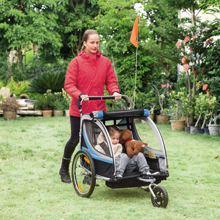 Aosom 2-in-1 Bike Trailer For Kids 2 Seater, Baby Stroller With Brake, Storage Bag, Safety Flag, Reflectors & 5 Point Harness, Blue