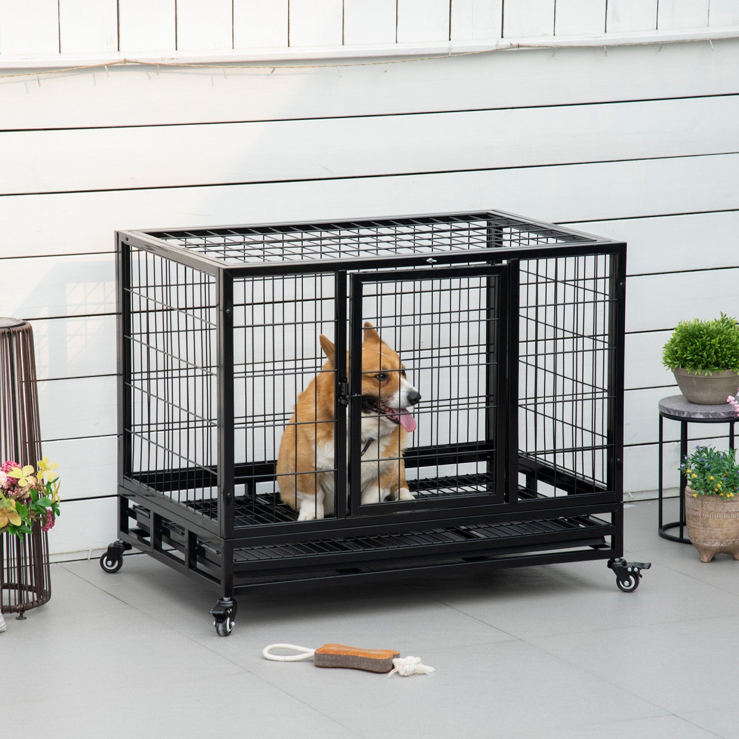 Pawhut Heavy Duty Dog Crate Cage For Large Medium Dogs With Two