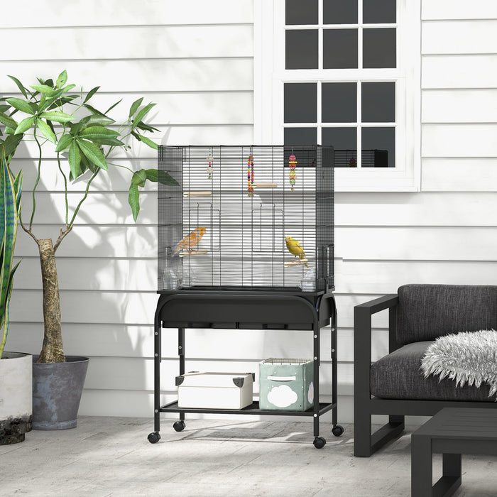 Pawhut 51\" Bird Cage For Budgies Canaries Finches Lovebirds Parakeets With Rolling Stand, Toys, Black