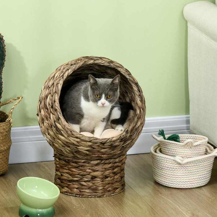 Pawhut Wicker Cat Bed, Elevated Rattan Kitten Bed With Cushion, Cat Egg Chair Kitty House With Stand For Indoor Cats, Grey