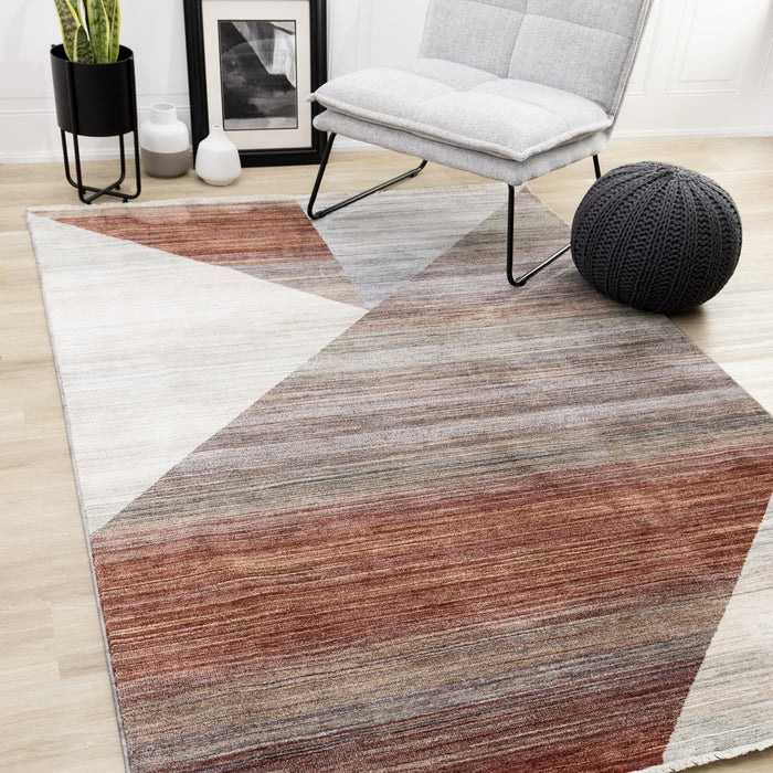 Olivia Distressed Geometric Red White Grey Area Rug - 5'3\" x 7'10\"