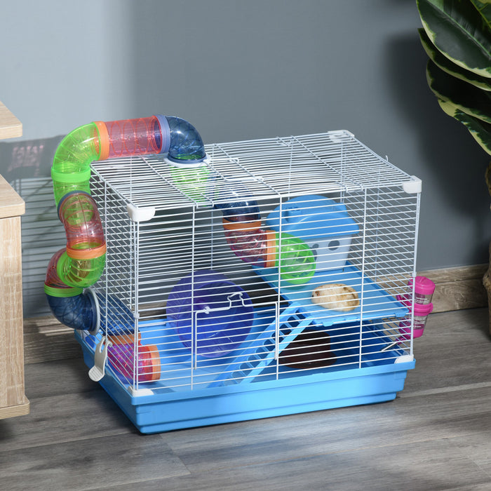 Pawhut 18\" Large Hamster Cage, Small Animal House, 2-level Gerbil Haven With Tunnel Tube System, Exercise Wheel, Water Bottle, Food Dish, Ramp, Blue