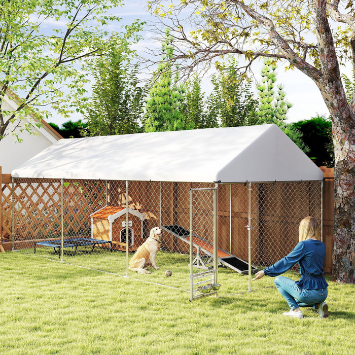 Pawhut Outdoor Dog Kennel With Roof, Heavy Duty Dog Run Outdoor Fence Cage With Adjustable & Rotating Bowls, Waterproof Uv-resistant Cover, Secure Lock, 19.7' X 7.5' X 7.5'