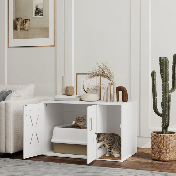 Pawhut Cat Litter Box Enclosure, Hidden Cat Litter Box Furniture With Scratching Board, Cat House End Table Fit For Most Litter Box And Cats, 31.5\" X 19\" X 20\", White