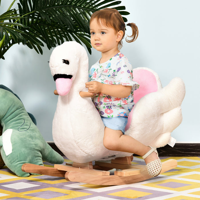 Qaba Soft Warm Kids Rocking Horse Child Plush Ride On Toy Swan Design Playtime With Lullaby Song, White