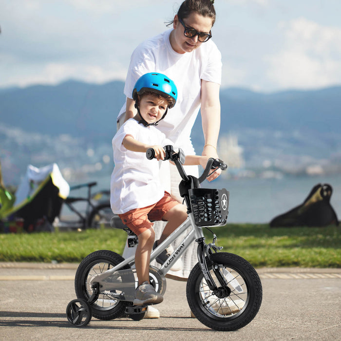 Costway 12\" Kid's Bike With Training Wheels Adjustable Handlebar & Seat Handbrake Silver