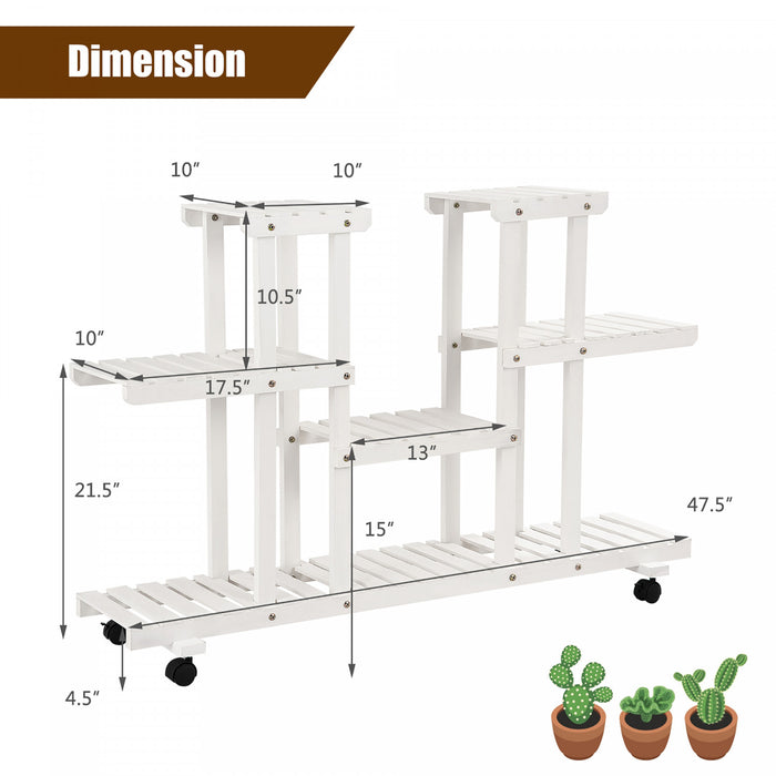 Costway 4-tier Rolling Flower Rack Wood Plant Stand Casters 12 Pots Bonsai Display Shelf