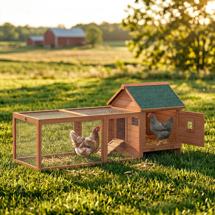 PawHut 72\" Chicken Coop, Wooden Hen House for 2 Chickens, Poultry Cage with Run, Nesting Box, Removable Tray, Waterproof Roof, Ramp, Perch,Duck House Rabbit Hutch, Orange