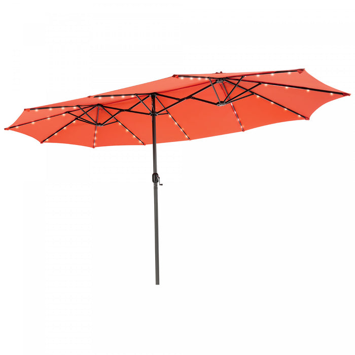 Costway 15FT Twin Patio Double-Sided Umbrella 48 Solar LED Lights Crank Outdoor Orange