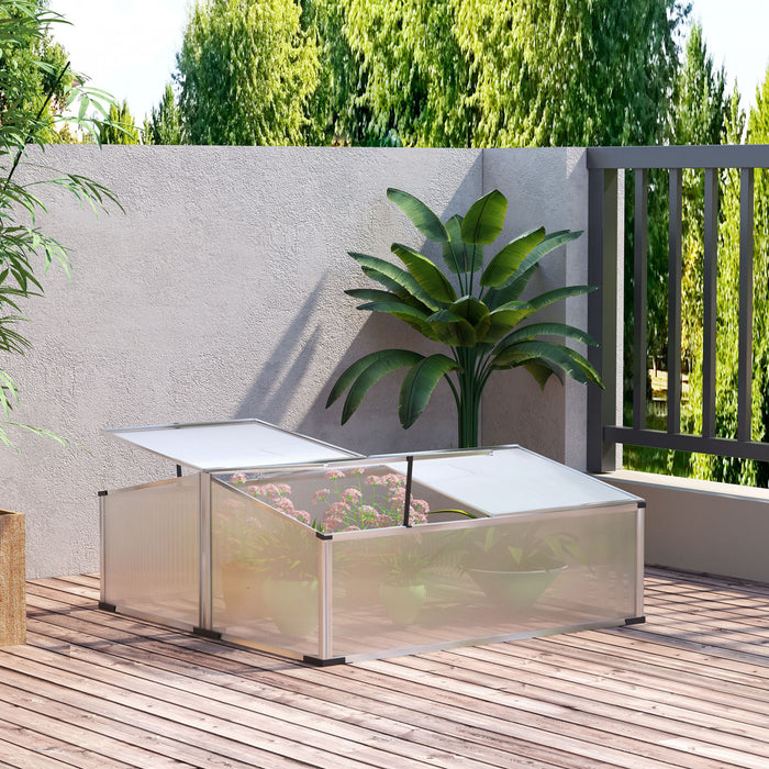 Outsunny Aluminium Cold Frame Greenhouse Kit Raised Plants Bed Protection With Independent Opening Tops For Flower, Vegetable, Plants, 47\" X 39\" X 16\", Silver