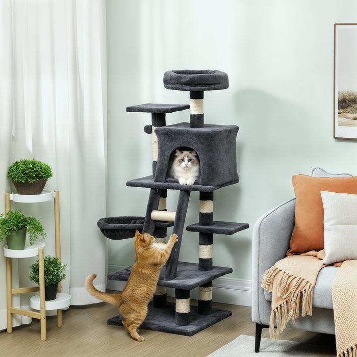 PawHut Cat Tree, Cat Tower for Indoor Cats with Sisal Scratching Post, Cat Condo, Hammock, Bed, Ladder, Platforms, Toy Balls for Kittens, Dark Grey