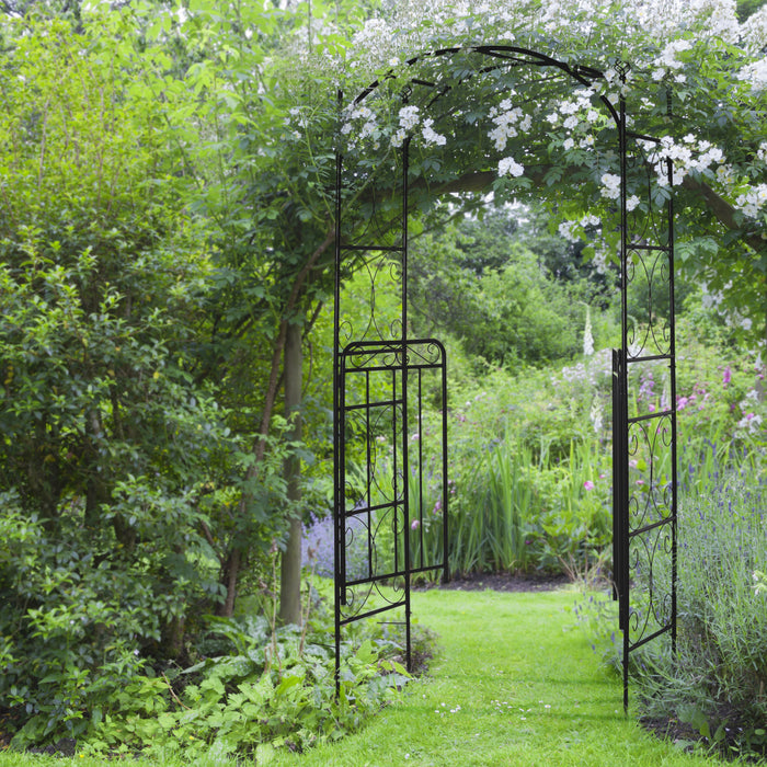 Outsunny 7' Metal Garden Arbor Arch With Scrollwork Doors For Ceremony, Weddings, Party, Backyard, Lawn