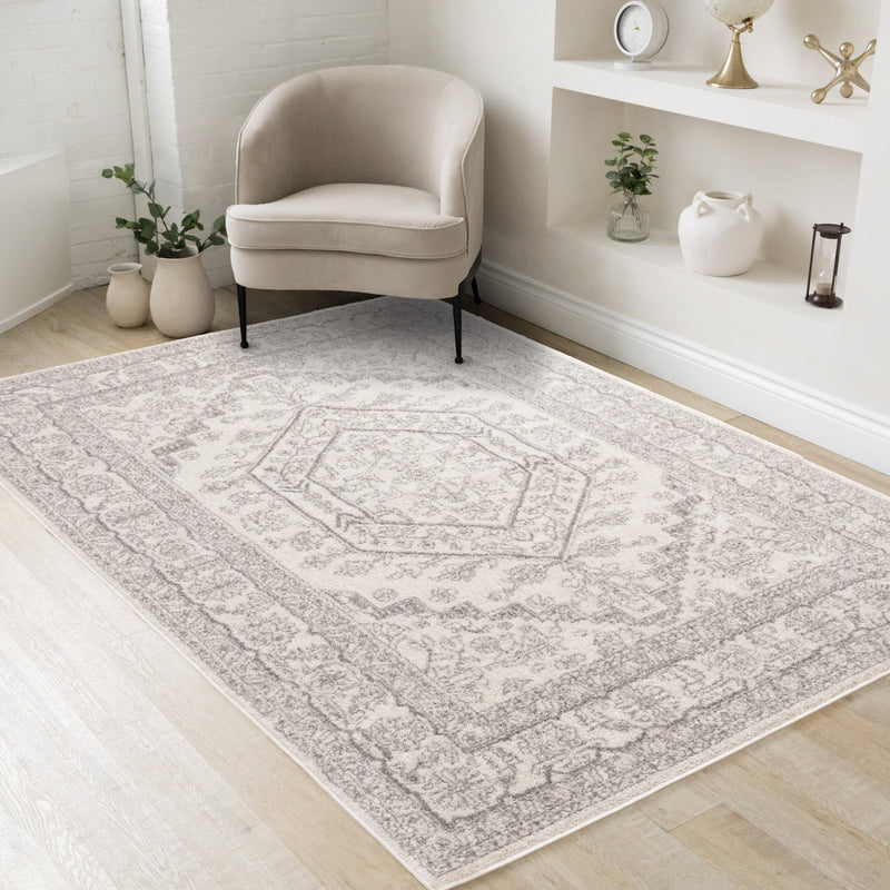 Wv State Rug Fallo Fallon White Grey Elegant Faded Traditional Rug, 5'3