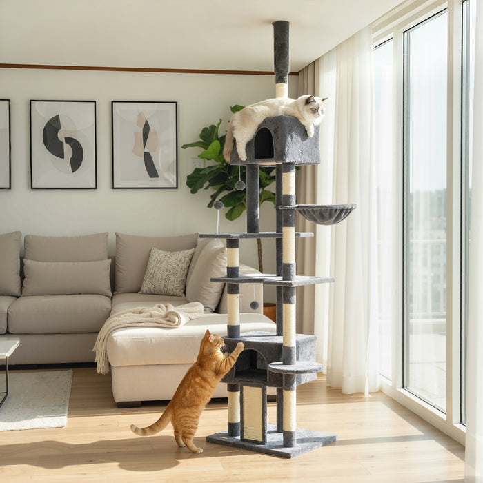 PawHut Floor to Ceiling Cat Tree, 230-250cm Adjustable Tall Cat Climbing Tower with 2 Condos, Hammock and Sisal Scratching Posts, for Indoor, Multi-Level Activity Centre, Dark Grey
