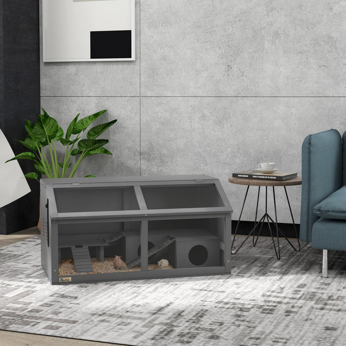 Pawhut Wooden Hamster Cage, 33.5\"l Hamster Habitat, Small Animal Cage For Syrian Drawf Hamster Gerbils Mice With Suspension Bridge, Openable Top, Ladders, Platform, Dark Grey