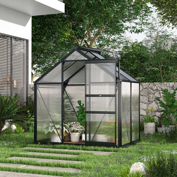 Outsunny 6' X 4' Clear Polycarbonate Greenhouse Walk-in Green House Garden Plants Grow Galvanized Base Aluminum Frame With Rain Gutter, Vent And Sliding Door, Grey