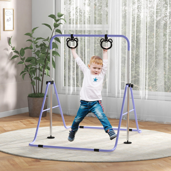 Qaba Gymnastics Bar For Kids, 35\"-50\" Adjustable Height Foldable Horizontal Bar With Gymnastics Rings, Non-slip Rubber Floor Rings, For Home Training Equipment, Purple