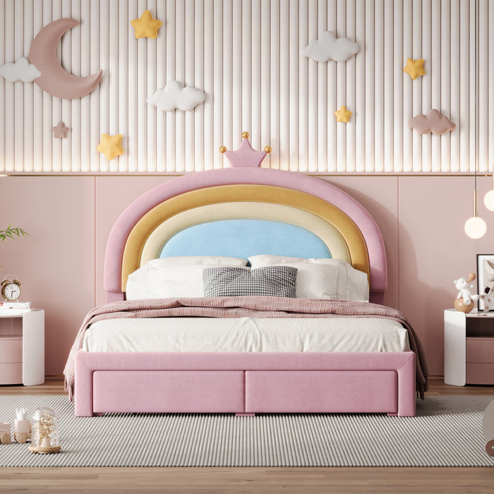 Maggie Upholstered Rainbow Princess Bed With Storage Drawer And Velvet Platform Frame,full Size,pink Full Bed