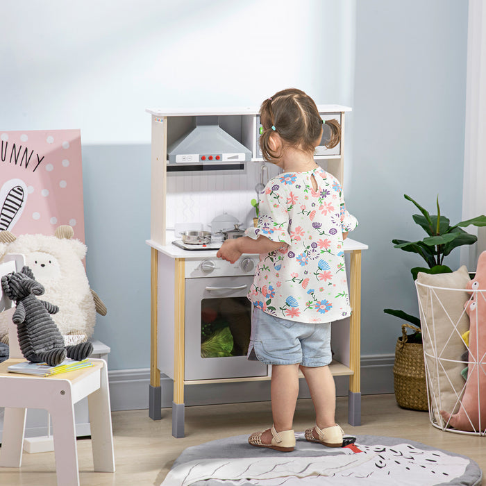 Qaba Wooden Play Kitchen With Realistic Lights Sounds, Adjustable Height Kids Kitchen Playset With Microwave, Fun With Friends, Range Hood, Cooking Accessories,gift For 3-6 Years Old, White