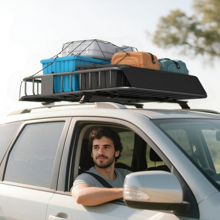HOMCOM Universal Roof Rack Basket Tray, 200lbs Steel Roof Rack Cargo Carrier with Wind Fairing, Side Rails for SUVs, Pickups, Sedans, Off-Road Vehicles, 43.5\" x 39.2\" x 7.3\", Black