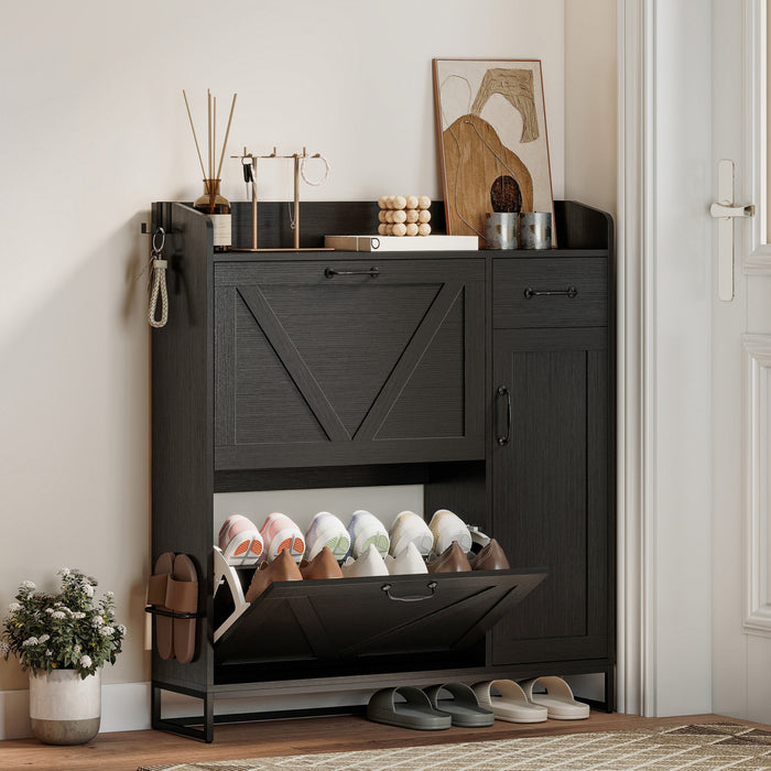 HOMCOM Shoe Cabinet, Farmhouse Shoe Storage Cabinet with Side Cabinet Black