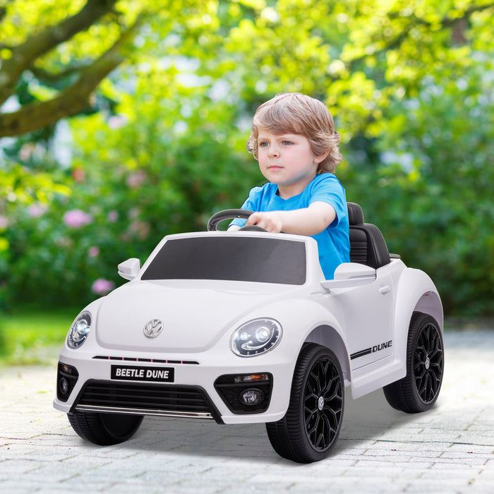 Qaba 12v Electric Car For Kids, Volkswagen Beetle Licensed Battery Powered Ride-On Kids Car With Parent Remote Control, 4 Spring Suspension Wheels, Soft Start, Headlights, Fm Radio, White