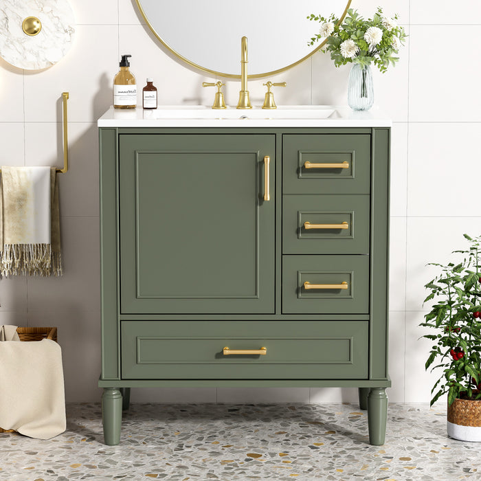 Emerson 30 Inch Bathroom Vanity with Ceramic Sink and Three Drawers, Olive Green