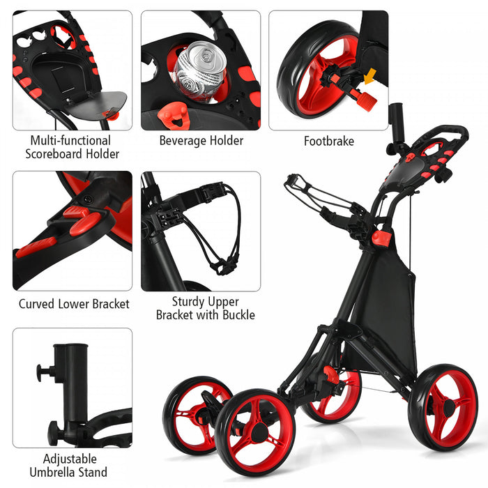 Goplus Folding 4 Wheels Golf Push Cart W/bag Scoreboard Adjustable Handle Red