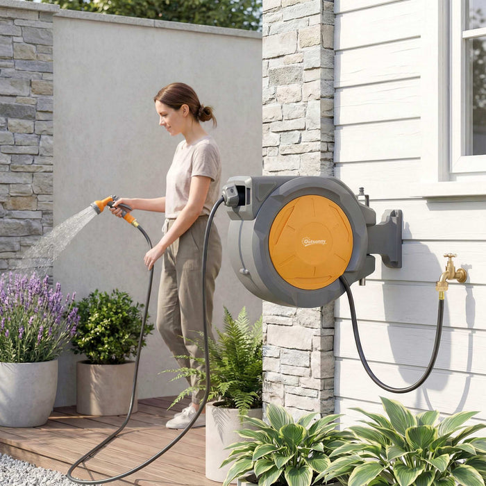 Outsunny Retractable Garden Hose Reel, 1/2 in x 100ft Wall Mounted Water Hose Reel with 7- Function Sprayer Nozzle, Auto Rewind, Any Length Lock, 180° Swivel Bracket, Orange