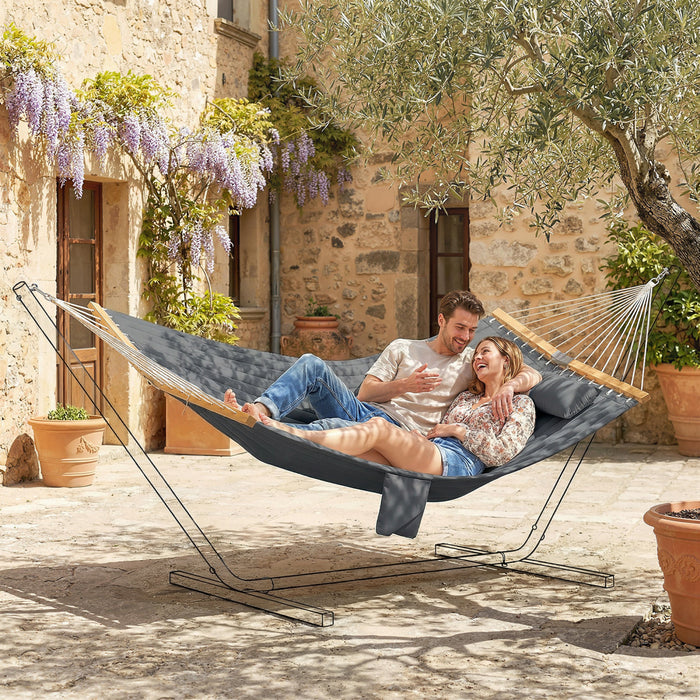 Outsunny Outdoor Hammock 440LB Capacity with Wood Spreader Bar, Grey