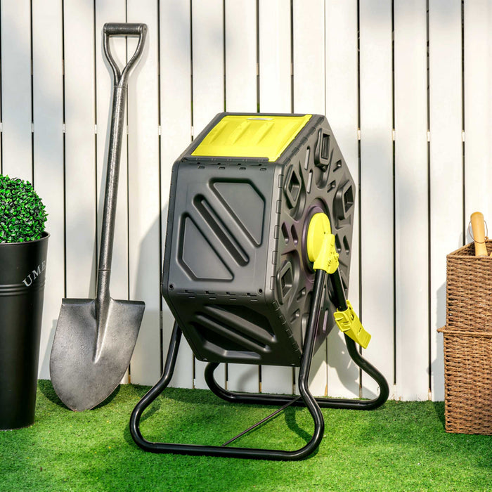 Outsunny 17 Gallon Compost Bin, Rotating Composter, Compost Tumbler with 24 Ventilation Openings and Steel Legs, Yellow