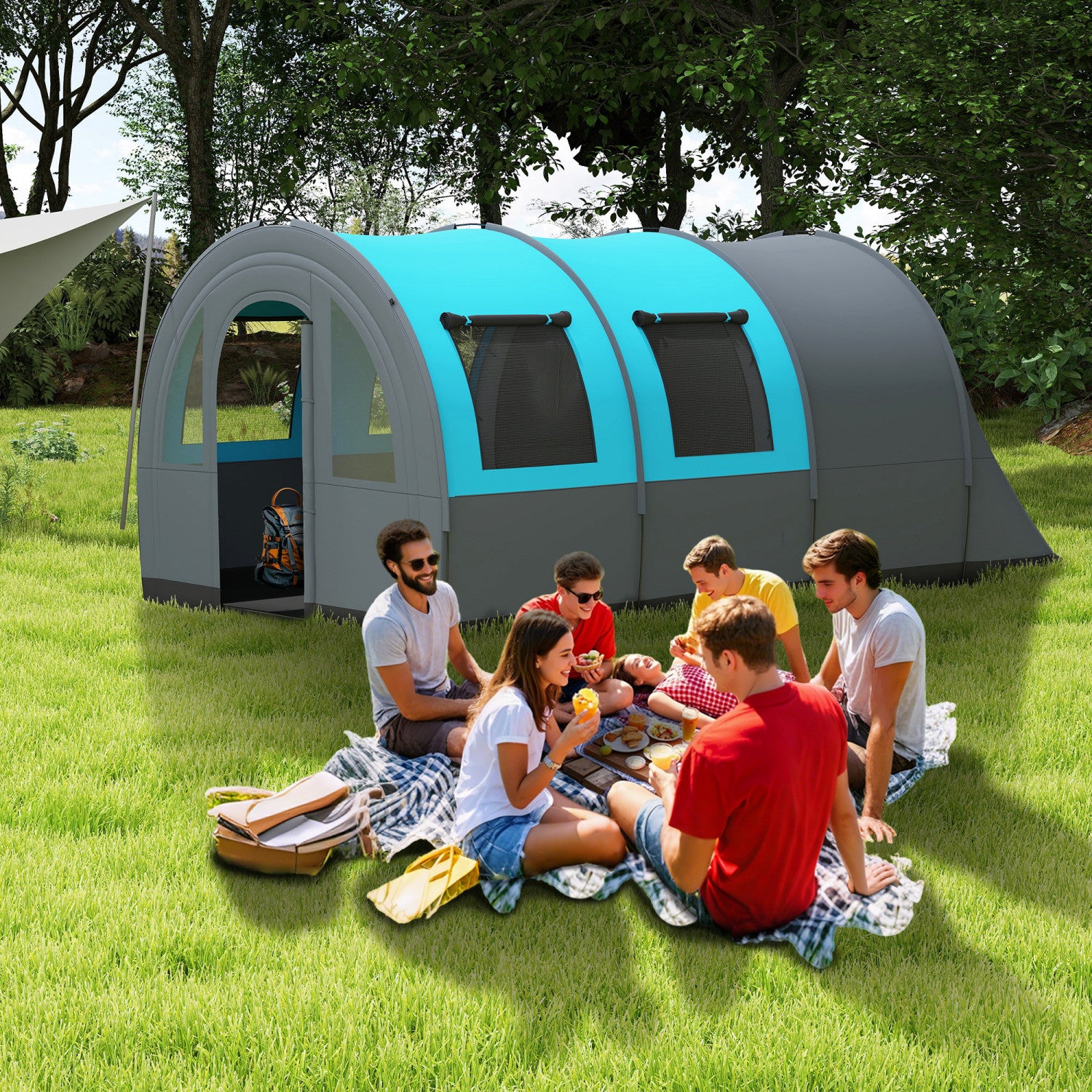 6 man tunnel tent Outsunny 5-6 Person Camping Tent, Waterproof Tunnel Family Tent, Gr