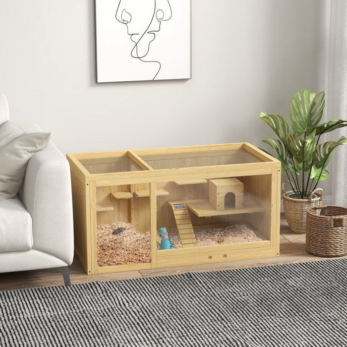 Pawhut Wooden Hamster Cage, Multi-layer Mouse Cage With Pull-out Tray, Seesaws, Water Bottle, Ladder, Small Animal Habitats For Dwarf Hamster, Gerbil