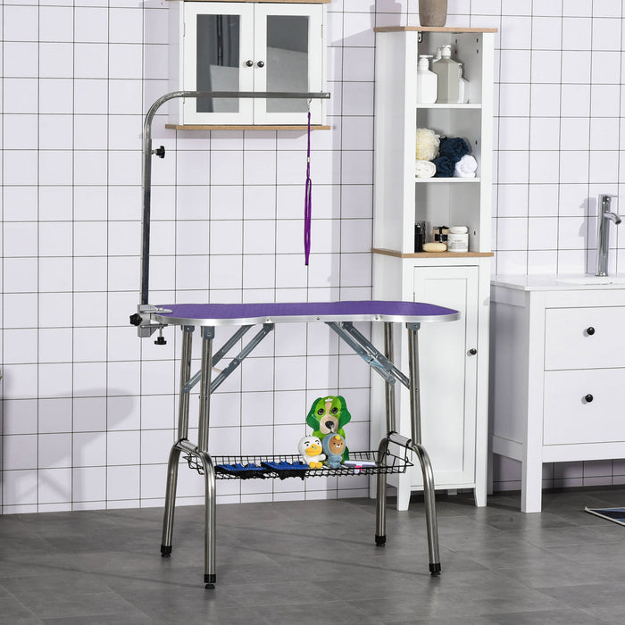 Pawhut 37\" Foldable Pet Grooming Table Dog Drying Table With Adjustable Arm Non-slip Rubber Tabletop Aluminium Alloy Edge Stainless Steel Bar Hanging Leash Purple
