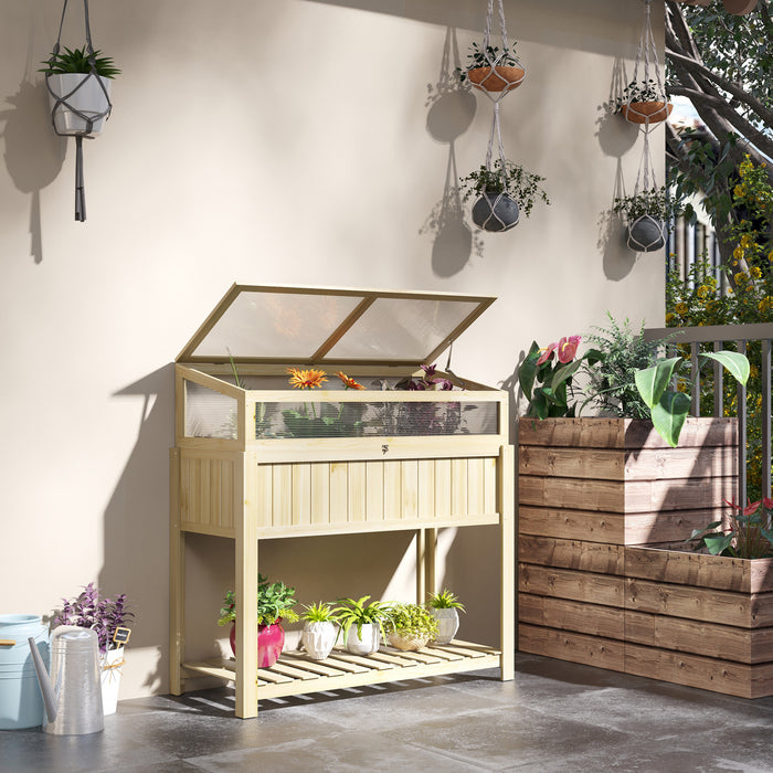 Outsunny Raised Garden Bed With Cold Frame Greenhouse And Storage Shelf, Outdoor Wooden & Pc Elevated Planter Box For Herbs And Vegetables, Use For Patio, Backyard, Natural