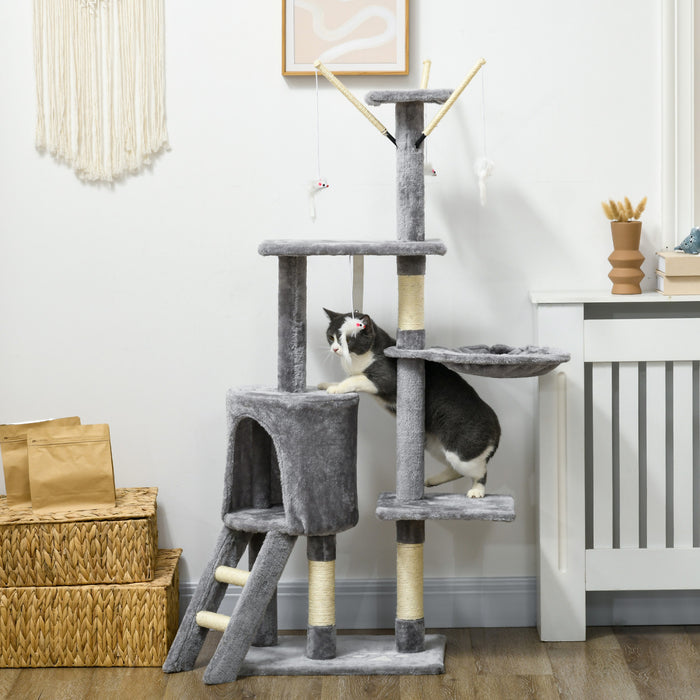 Pawhut 53\" Cat Tree, Large Cat Tower With Scratching Posts, Condo, Perches, Ladder, Hammock, Dangling Toys, Multi-level Kitten Activity Centre, Grey